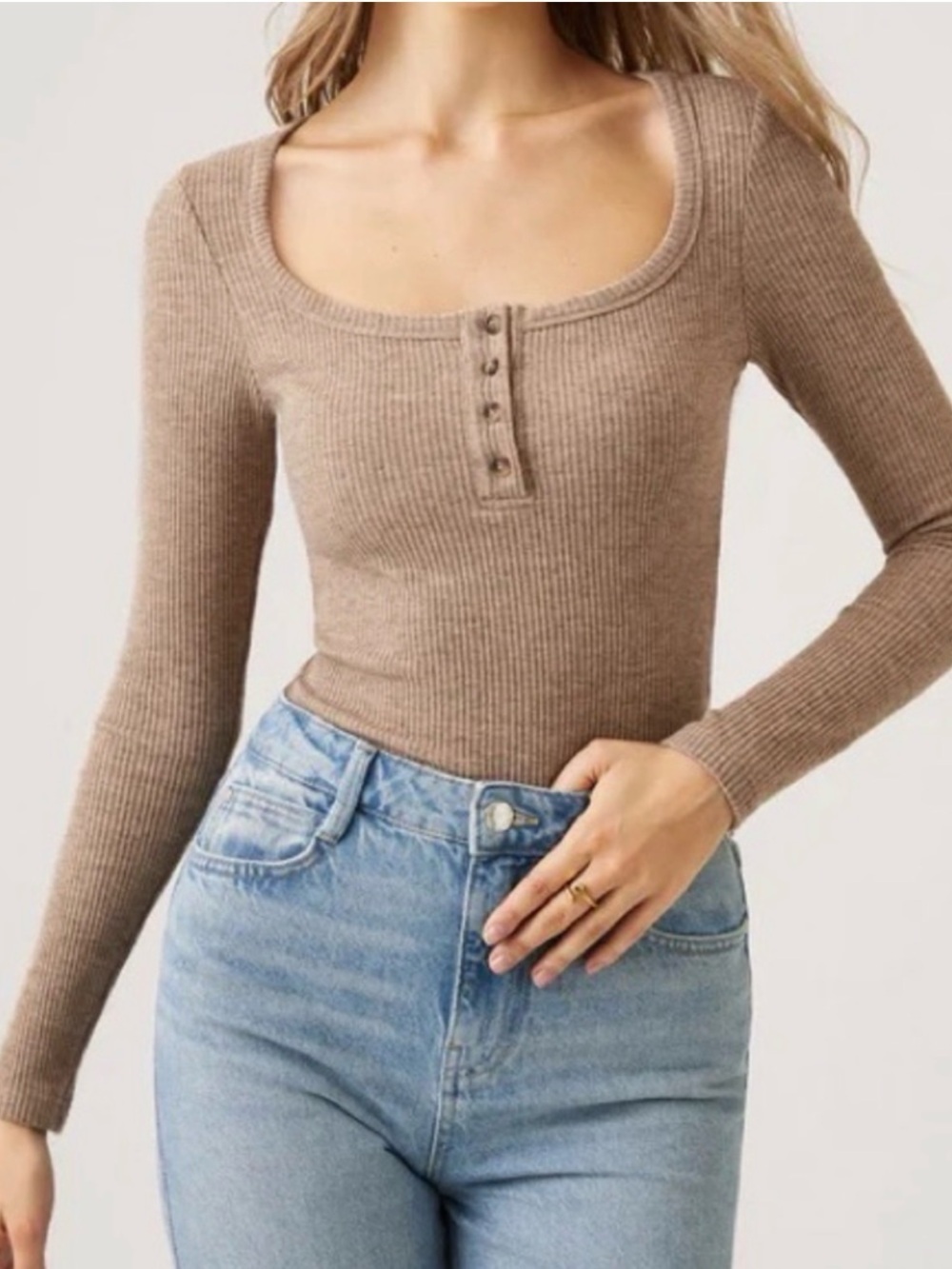 OGL U-Neck Henley Ribbed Long Sleeve Top | Taupe | Medium